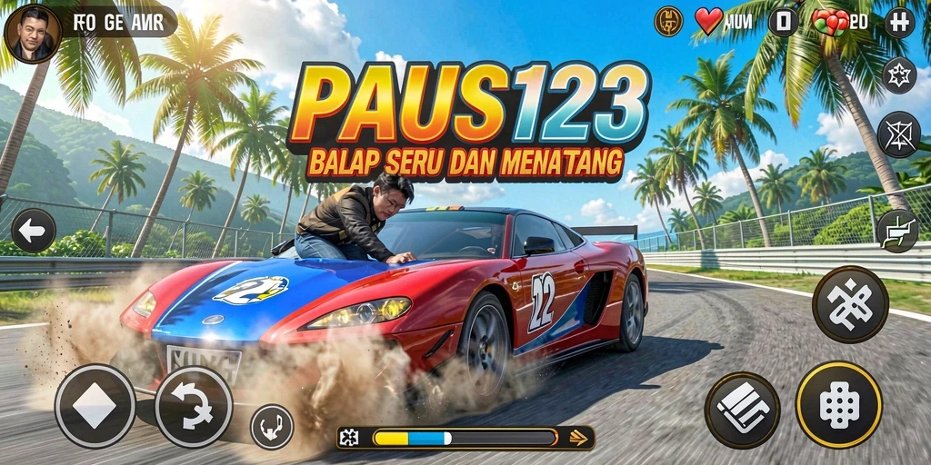 Screenshot gameplay PAUS123 menampilkan mobil balap di lintasan menantang.